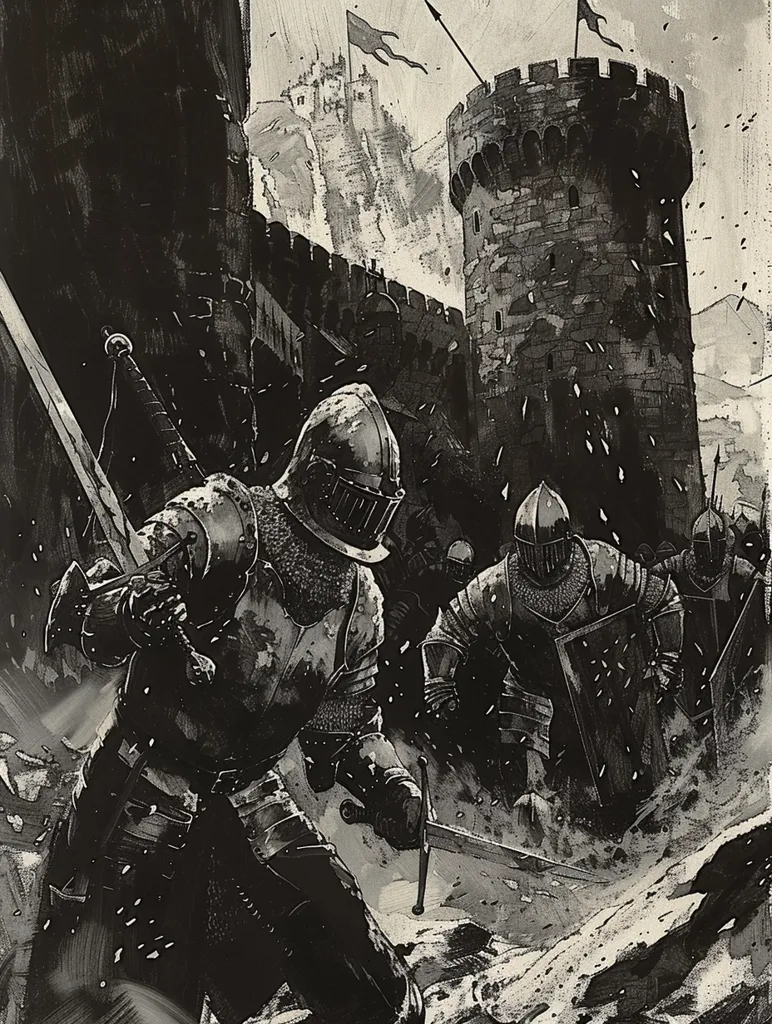 A knight in full armor, sword drawn, charges towards a fortified tower. He is part of a group of knights attacking the tower, which is visible in the background. The scene is depicted in a black and white style, giving it a gritty and dramatic feel. The snow on the ground suggests a cold winter setting. The scene is likely depicting a battle or siege, showcasing the intensity and danger of medieval warfare.