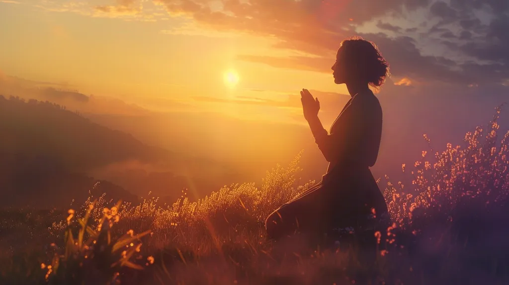 A woman kneels in a field of grass, her hands raised in prayer, as the sun sets behind her. The sky is ablaze with vibrant orange and yellow hues, casting a warm glow over the landscape. The silhouette of the woman is stark against the brilliant backdrop, emphasizing her devotion and connection to something greater than herself. The scene is both serene and inspiring, suggesting a moment of deep reflection and spiritual peace.