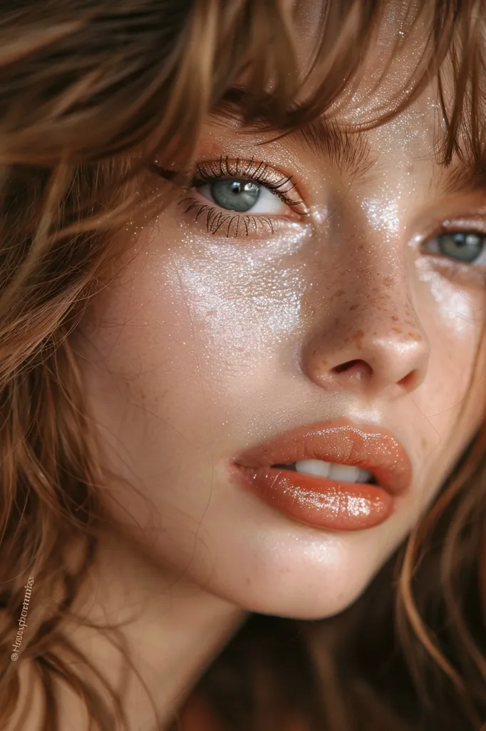A close-up of a woman's face. Her skin is smooth and lightly freckled, with shimmering white glitter on her cheekbones and eyelids. Her long brown hair falls over her forehead and down her neck. She is wearing a light pink gloss on her lips. Her gaze is directed slightly away from the camera.  The overall effect is soft, radiant, and alluring.