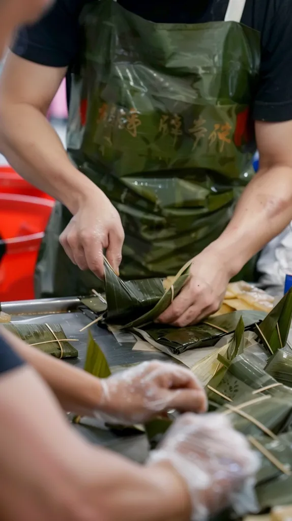 A person is wrapping food in green leaves. They are wearing a green apron with Chinese writing on it. They are using their hands and a pair of white gloves to carefully fold and secure the leaves around the food. The table is covered in leaves and other ingredients, suggesting a food preparation process. The scene is focused on the hands and the food being wrapped. The image is lit from above, casting shadows on the table and the person's hands.  The background is blurred, focusing on the foreground.  The image conveys a sense of focus and care in the food preparation.