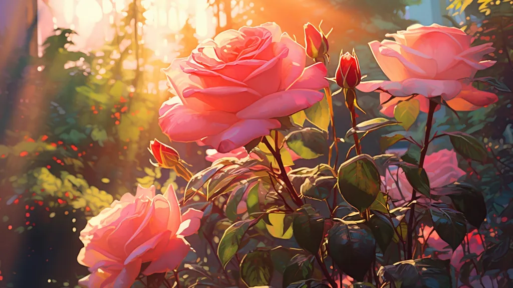 A vibrant rose bush bursts with pink blooms bathed in the warm glow of morning sunlight. Lush green leaves frame the delicate petals, creating a captivating scene of natural beauty. A soft, hazy background adds depth and serenity to the image, emphasizing the rose's delicate presence.