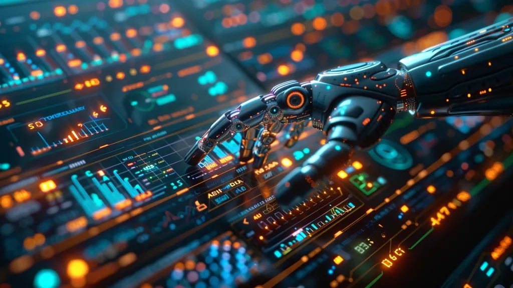 A robotic hand interacts with a futuristic interface. The hand, sleek and metallic, is adorned with glowing orange lights. The interface, vibrant with blue and orange hues, displays intricate graphs and data. The scene evokes a sense of advanced technology and artificial intelligence.