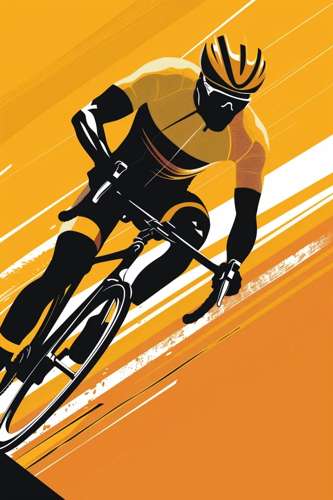 The image is a stylized illustration of a cyclist speeding down a road. The cyclist is wearing a yellow and black jersey and a helmet, and their face is obscured. The background is a bright orange color with white streaks representing speed lines. The image is a dynamic and energetic representation of cycling.