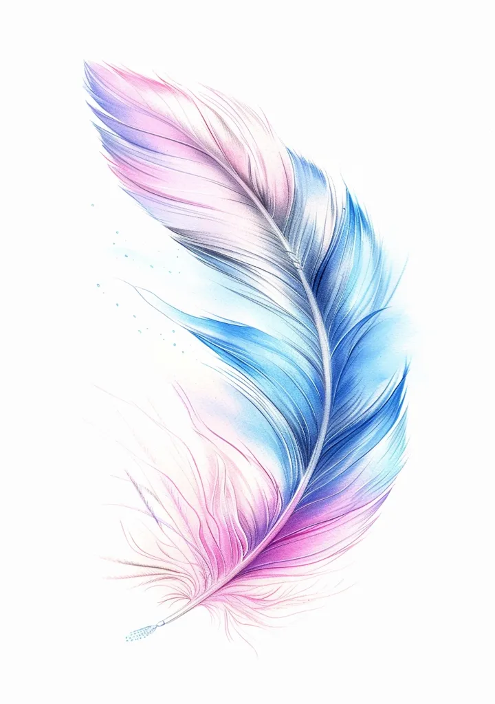 The image depicts a single feather, rendered in a watercolor style. It features a delicate, feathery structure, with a central shaft running its length. The feather is colored in shades of blue and pink, creating a gradient effect that transitions from a darker blue at the tip to a soft pink at the base. The image is set against a white background, which enhances the vibrant colors of the feather. The overall impression is one of delicate beauty and ethereal lightness.