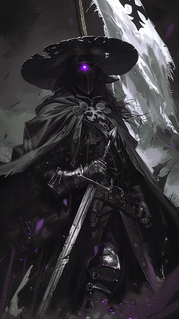 A shadowy figure in a wide-brimmed hat and cloak, their face obscured by a mask with glowing purple eyes, stands holding a long sword. The figure appears menacing and mysterious, with a sense of power and darkness emanating from them. The image is rendered in a dark, brooding style, emphasizing the figure's intimidating presence.