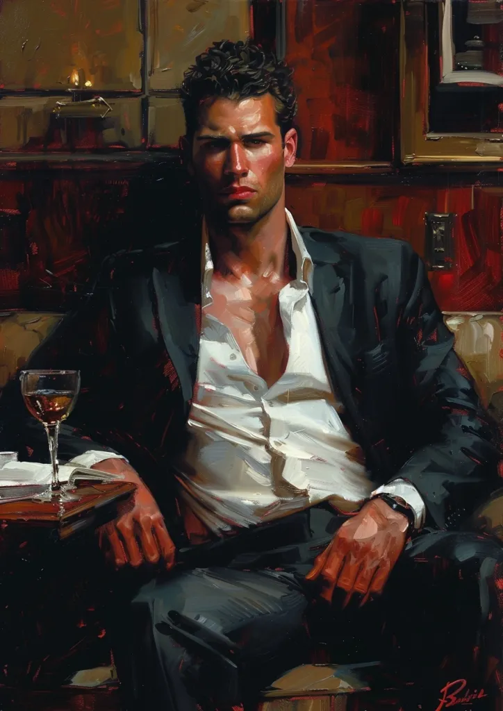 A man in a black suit and white shirt sits in a dimly lit room, his left hand resting on a table with a glass of red wine. He is looking directly at the viewer with a serious expression, his right hand is partially visible, holding a watch. The painting is done in a realistic style with a focus on texture and detail. The background is a warm, rich red with some muted gold accents.
