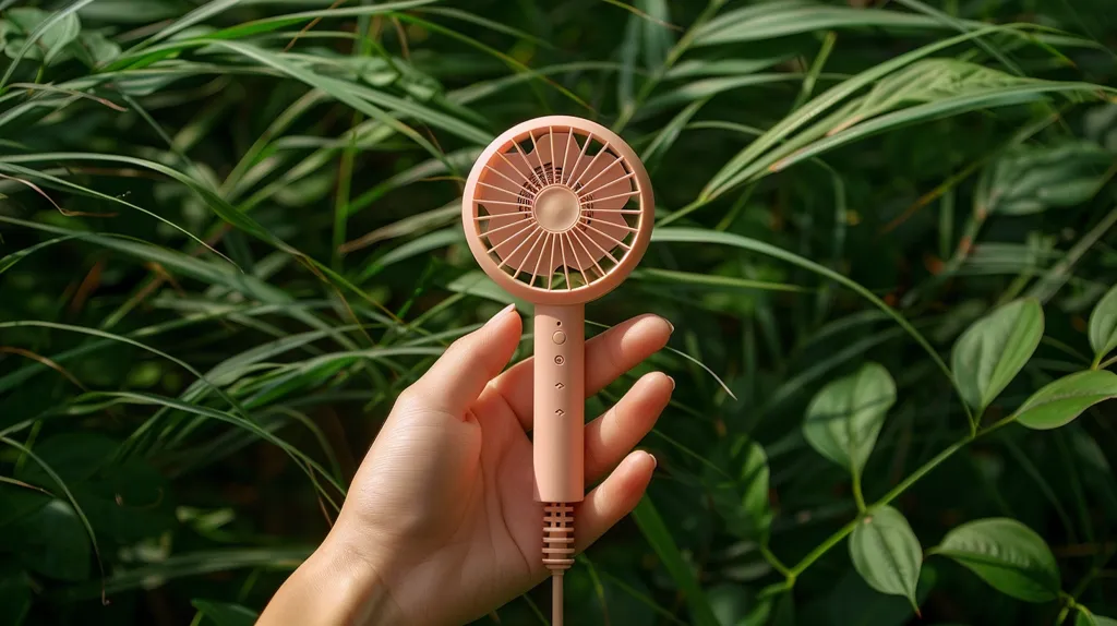A hand holds a small pink handheld fan. The fan has a circular blade and a long handle. The fan is in focus against a background of green leafy foliage.  The image evokes a sense of summer and the need for a cool breeze.  The hand appears delicate and the image is visually appealing.