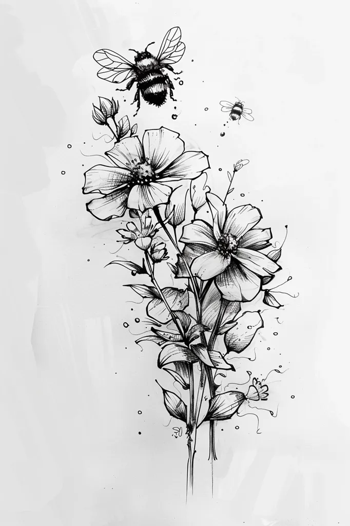 The image is a black and white sketch of a bouquet of flowers with bees. The flowers are drawn in a detailed and realistic style, with delicate petals and stems. The bees are drawn in a more stylized way, with their wings outstretched. The overall effect is one of beauty and fragility.