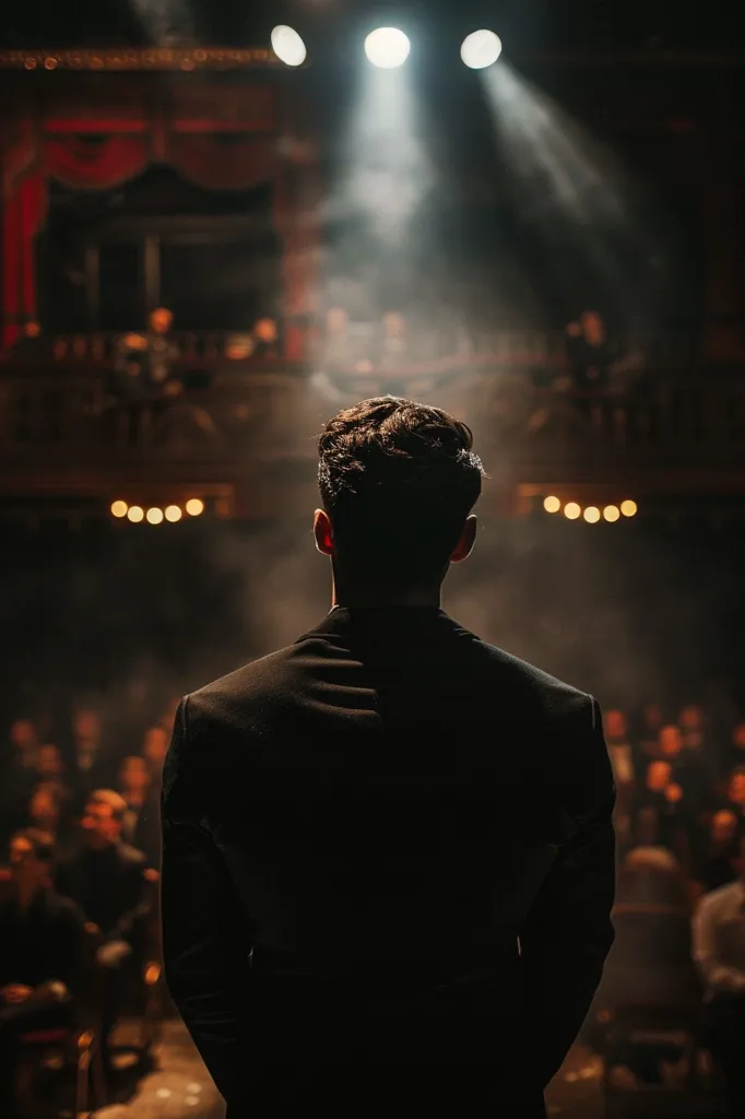 A man in a suit stands on a stage, his back to the camera. He is bathed in light from above, while the audience below is shrouded in darkness. The stage is set in a theater, with a balcony in the background and a hazy atmosphere. The man seems to be addressing the unseen audience, his posture conveying a sense of quiet authority.  The scene creates a feeling of anticipation and mystery.