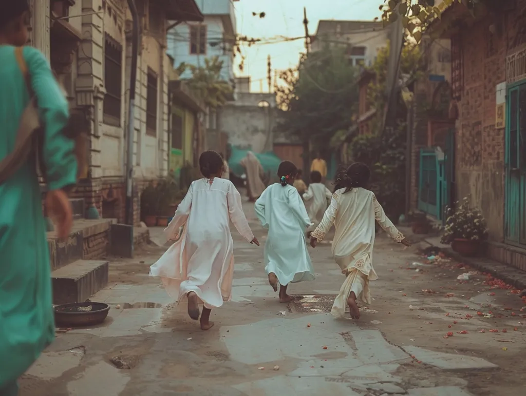 Three young girls, dressed in long flowing gowns, run down a narrow alleyway in a crowded urban setting. The girls are walking away from the viewer, with their backs turned. The alleyway is lined with old brick buildings.  The street is wet, suggesting it has recently rained. The girls' carefree playfulness adds a touch of whimsy to the scene.