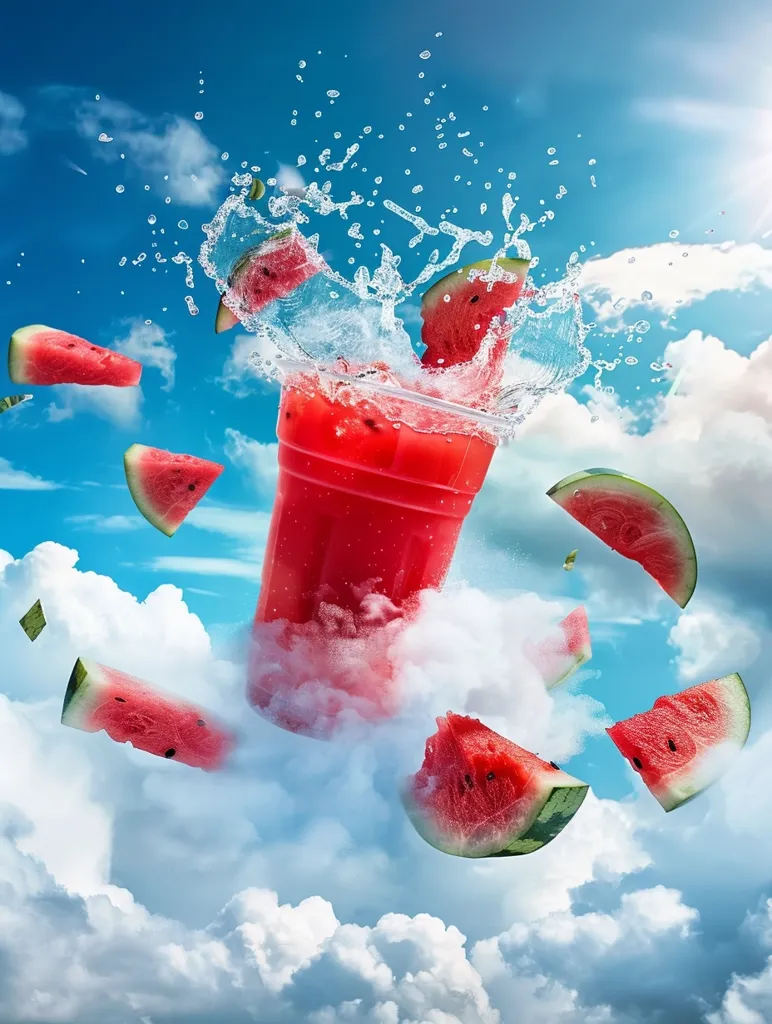A glass of watermelon juice explodes in mid-air against a bright blue sky with white clouds. Slices of watermelon fly out of the glass, surrounded by a splash of water. The scene is playful and whimsical, evoking a sense of summer and refreshment.