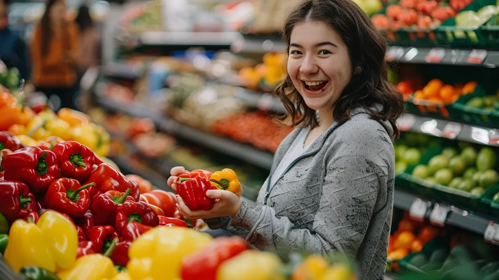 A young woman with long dark hair smiles brightly as she shops for produce in a grocery store.  She holds a handful of red and yellow bell peppers in her left hand.  A large bin of red bell peppers sits in front of her, while colorful peppers and other produce fill the shelves behind her.  The store is well-lit and vibrant.