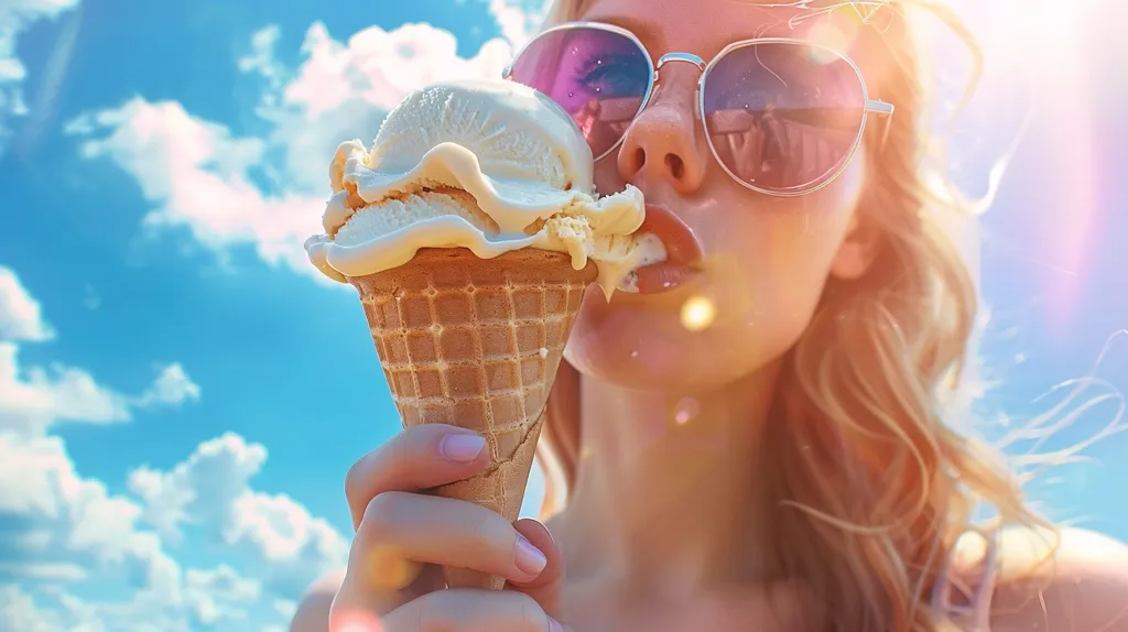 A young woman with long blonde hair and sunglasses is holding an ice cream cone. She is taking a bite out of the ice cream, which is melting slightly. The background is a bright blue sky with fluffy white clouds. The photo captures a carefree and joyful moment of summer indulgence.