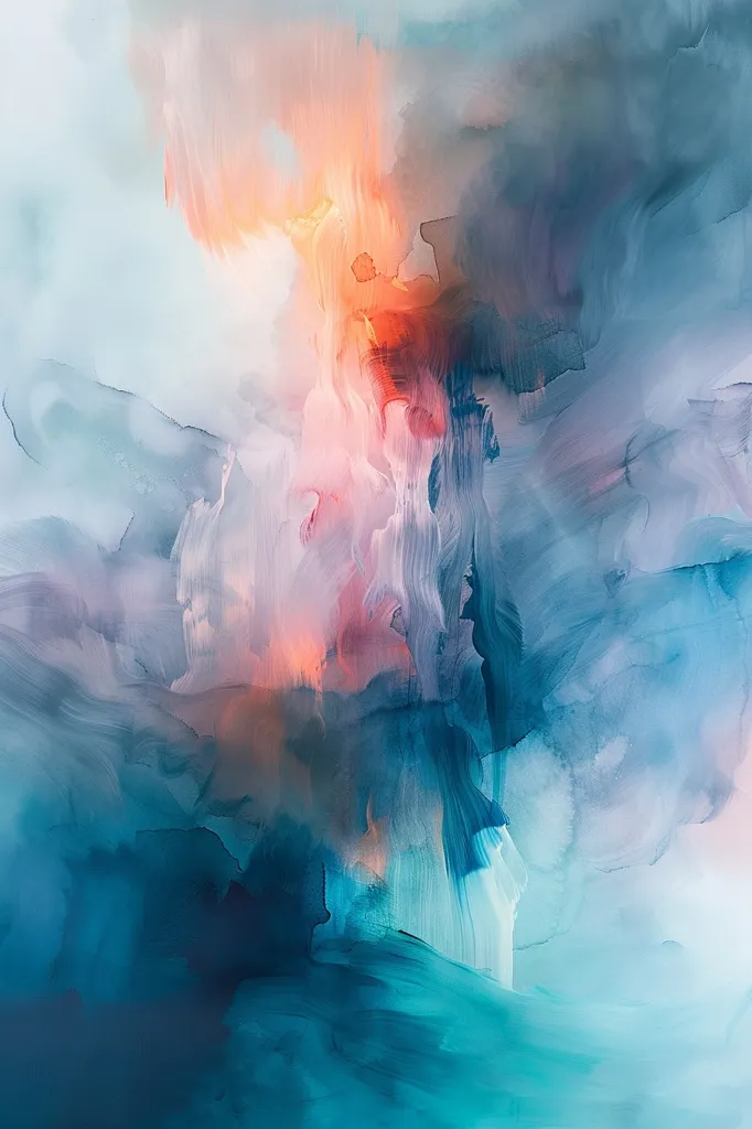The abstract painting features a blend of soft, hazy hues, primarily in shades of blue, gray, pink, and orange. The colors appear to be layered and blended together, creating a sense of depth and movement. The overall impression is one of dreamlike serenity and ethereal beauty. The painting's abstract nature allows for personal interpretation and invites the viewer to explore their own emotions and thoughts.