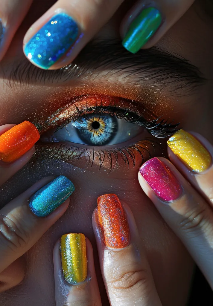 A close-up shot of a woman's eye with colorful nail polish on her fingers. The eye is blue with a brown iris, and the makeup is a warm orange shade. The nail polish colors are bright blue, green, orange, yellow, pink, and a shimmery gold. The fingers are partially obscured by the eye and brow.  The image is focused on the eye and nail polish, creating a striking visual.  The image highlights the beauty of both natural and artificial features.