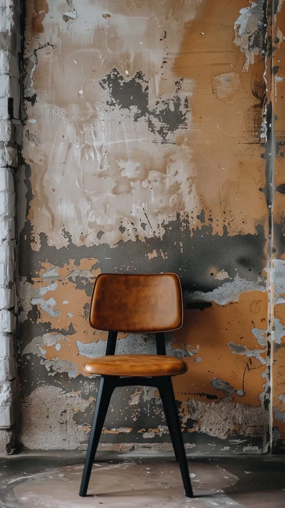 A brown leather chair with black legs sits against a wall covered in peeling paint. The wall is a mix of brown, beige, and gray, with patches of missing paint revealing the underlying concrete. The chair's seat is worn, but the chair itself is still sturdy. The image has a rustic and industrial feel.