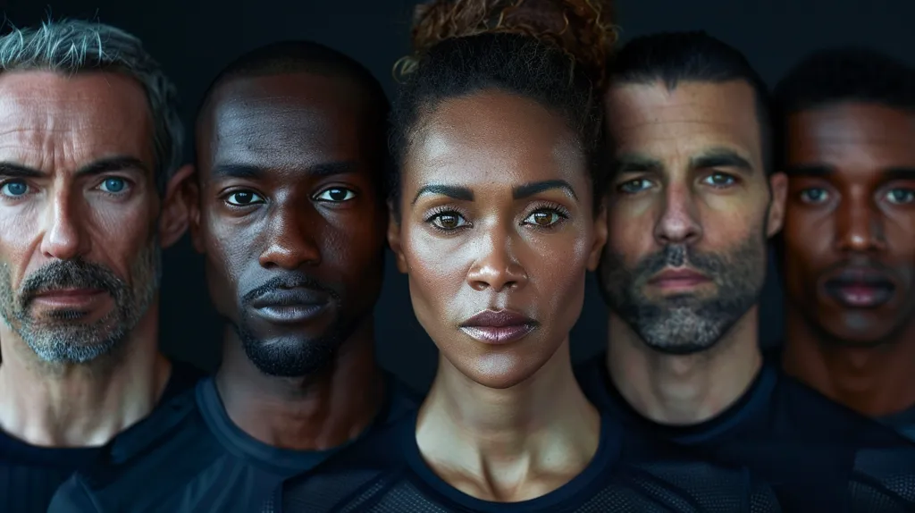 The image shows five individuals of diverse ethnicities, all looking directly at the camera. They are standing close together, creating a sense of unity. Each person is wearing a dark blue shirt, highlighting their faces and expressions. The lighting is soft and focused on their features, creating a sense of intimacy and connection. The image emphasizes the beauty and diversity of humanity.