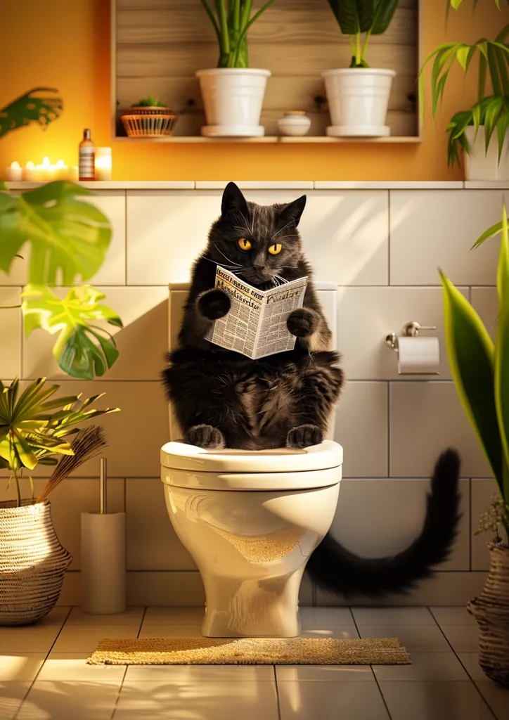 A black cat sits on a toilet in a bathroom, reading a newspaper. The cat is wearing a serious expression, and its tail is wrapped around the toilet bowl. The bathroom is decorated with plants and has a white tiled floor. The sunlight streams through the window, illuminating the scene.  The image is humorous and whimsical, creating a playful contrast between the cat's serious expression and its unusual location.