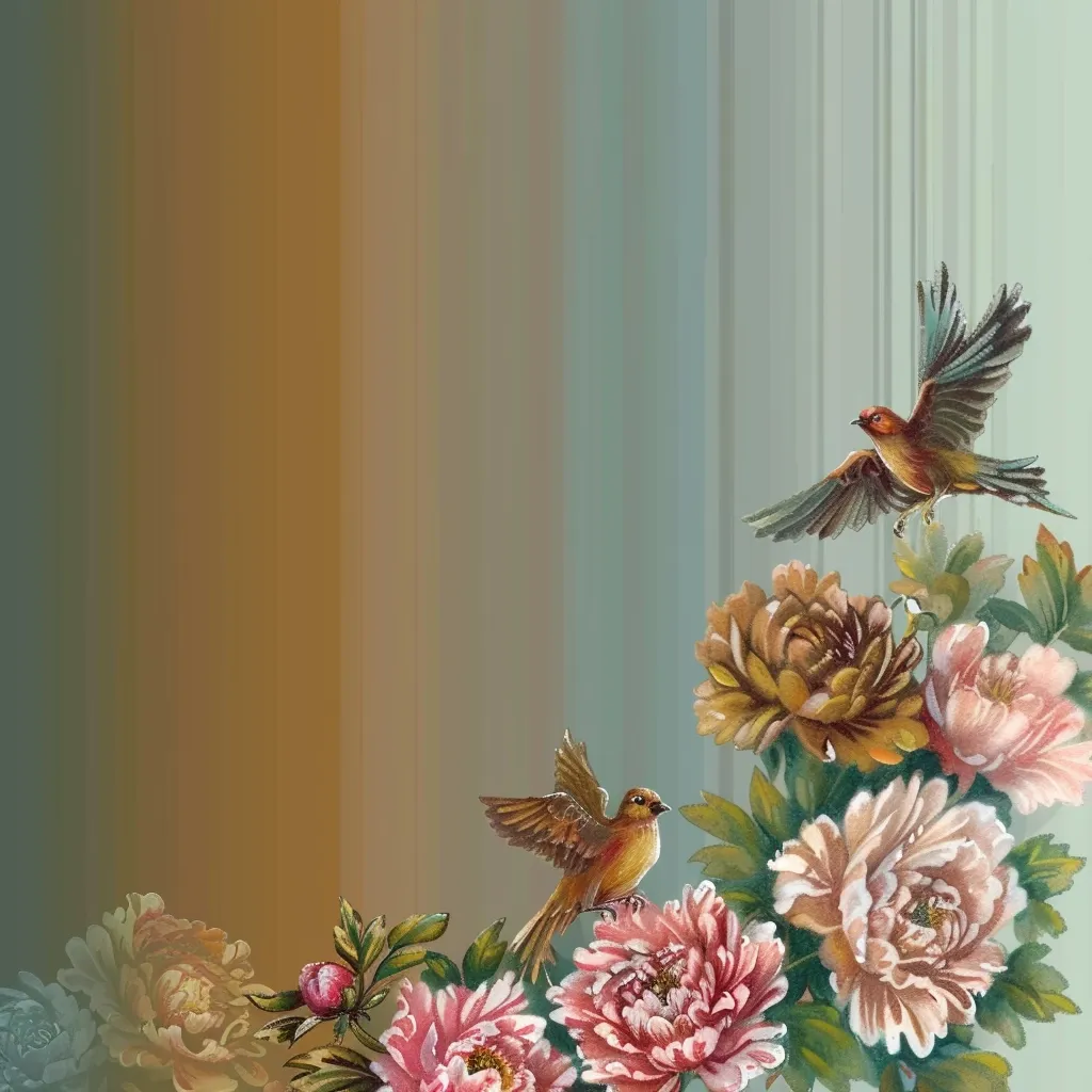 A vibrant painting features two birds perched on a lush bouquet of pink and yellow peonies. The birds are brown with yellow accents and have their wings spread out. The background is a soft gradient of brown and green, creating a sense of depth and tranquility. The composition is balanced and harmonious, capturing the beauty of nature.