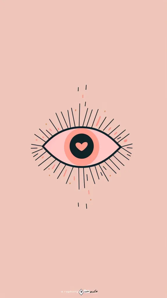 The image is a minimalist design featuring a stylized eye with a heart in the center. The eye is surrounded by radiating lines and dots, creating a sense of  movement and energy. The overall aesthetic is  soft and romantic, with a pastel pink background.