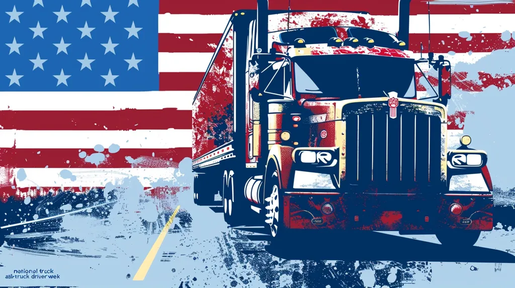 A red, white and blue semi-truck is driving on a road with a distressed American flag as the background. The truck is in focus, while the road and flag are blurred. A yellow line on the road separates the truck from the rest of the image. The image has a patriotic theme.