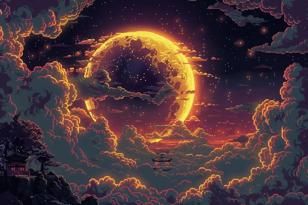 A pixelated landscape depicts a crescent moon shining brightly against a dark night sky. The moon is surrounded by fluffy clouds that appear to be glowing with a soft yellow light. A small building sits below the clouds, adding a sense of scale to the scene. The image evokes a sense of wonder and tranquility.
