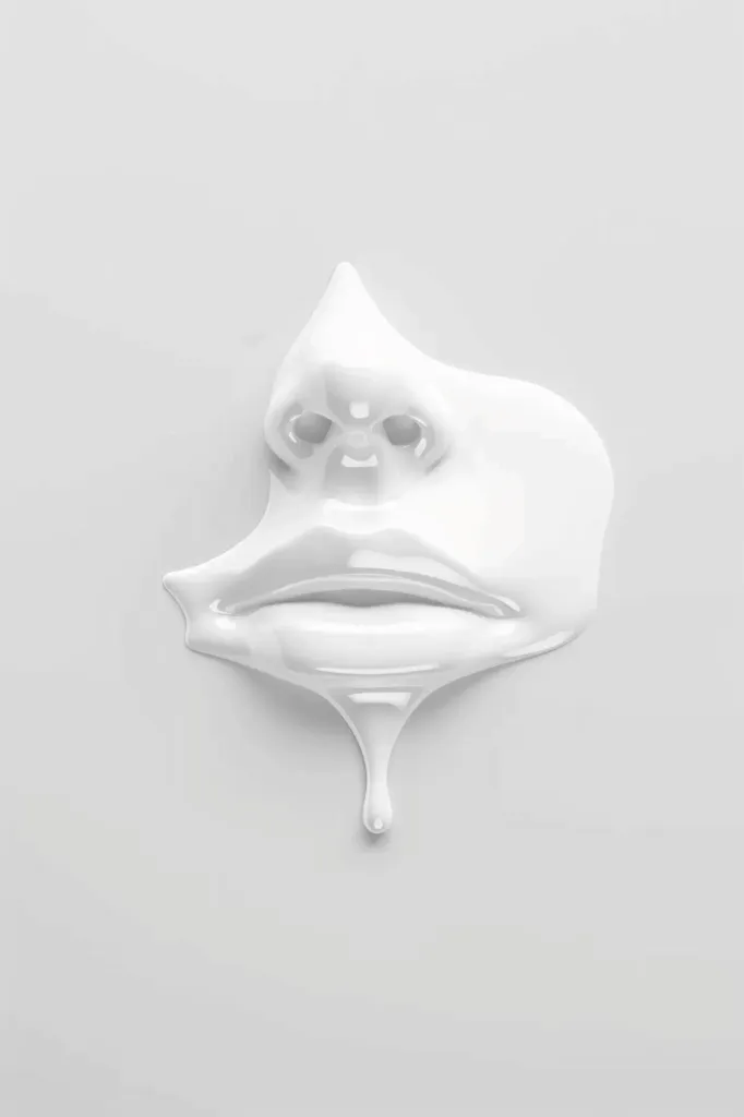 A white, three-dimensional, abstract face with a dripping nose. The face is made of a smooth, shiny material and is set against a plain, white background. The image evokes a sense of minimalism and artistic beauty.