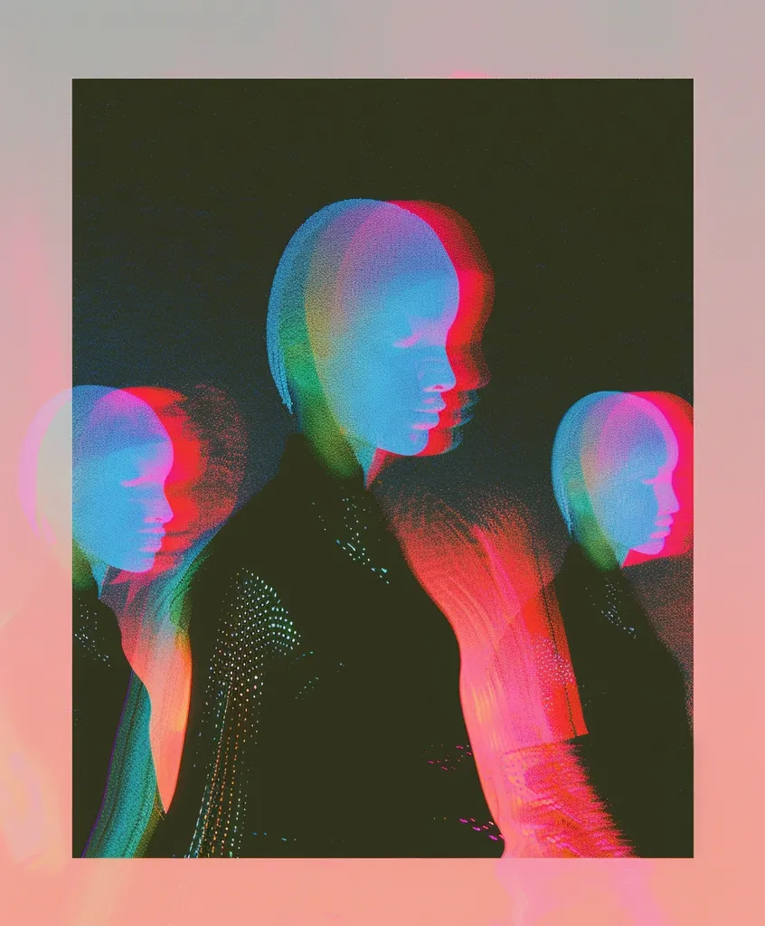 The image depicts three figures, their faces blurred and distorted, creating a sense of anonymity and mystery. The figures are bathed in a psychedelic glow of blue, red, and green hues, adding to the surreal and dreamlike atmosphere. Their features are obscured, leaving their identities and emotions open to interpretation. The overall effect is one of a distorted reality or a fragmented memory.