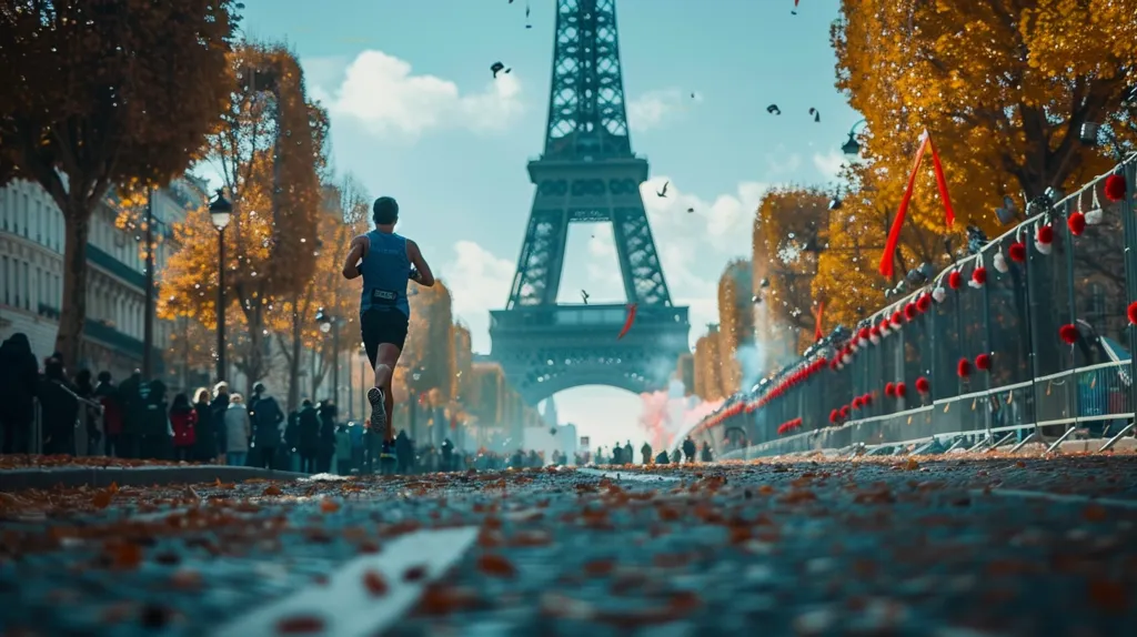 A lone runner sprints towards the Eiffel Tower in Paris, France. The runner is in focus, while the iconic landmark and the surrounding cityscape blur into the background. The street is lined with spectators, creating a lively atmosphere. Fall leaves scatter the ground, adding a touch of autumnal charm to the scene. The image captures a moment of energy and determination as the runner pushes towards their goal.