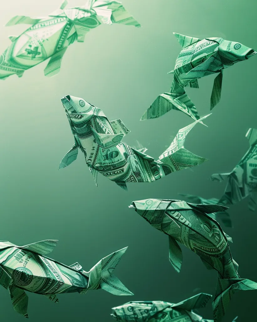 Five origami fish are folded from US dollar bills, swimming through a green-tinted water. Their scales are visible, along with a "10" on one of the fish. The image conveys a creative concept of money, associating it with the flow and abundance of the ocean. The fish are swimming in different directions, creating a sense of movement and dynamism. The green background enhances the overall aquatic theme.