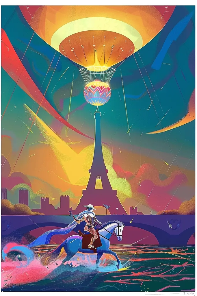 A stylized illustration depicting a lone rider on horseback galloping across a colorful river, with the Eiffel Tower in the background. A large, hot air balloon with a intricate pattern floats above, connected to the tower by a multitude of strings. The scene is vibrant and dreamlike, with a swirling palette of blues, yellows, and reds.