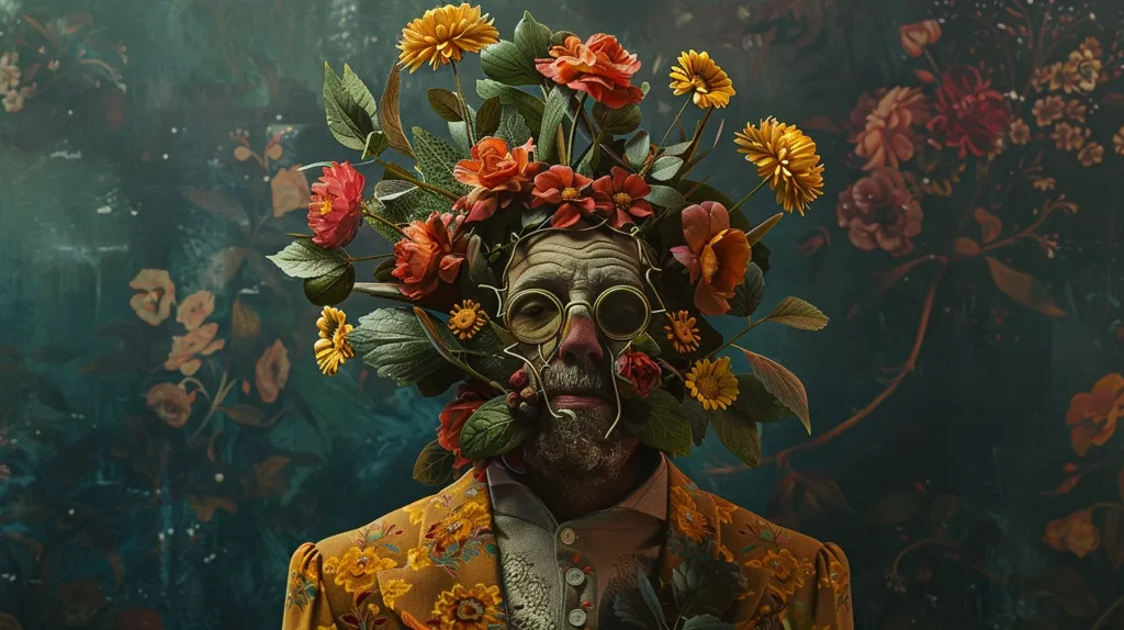 A man with a weathered face is adorned with a crown of vibrant orange and yellow flowers. The flowers, with their delicate petals and green leaves, create a striking contrast against the man's rugged features.  He wears round glasses and a floral patterned jacket, blending seamlessly with the floral backdrop. The image evokes a sense of both beauty and decay, showcasing the passage of time and the intertwining of nature and humanity.