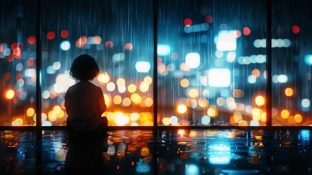 A lone figure sits by a large window, gazing out at a city drenched in rain. The city lights create a blurry backdrop of colorful orbs, reflected in the puddles on the floor. The silhouette of the figure suggests contemplation, perhaps lost in thought amidst the city's quiet rhythm.  The image evokes a sense of solitude and introspection.