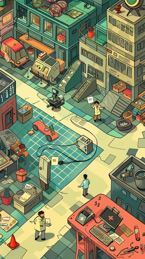 The image depicts a bustling city street scene, with various shops, buildings, and pedestrians. There are three-dimensional buildings with detailed interiors, including a shop with a red desk, a computer, and a first aid kit. People are seen walking on the sidewalks and interacting with each other. The scene is filled with vibrant colors and intricate details, creating a whimsical and energetic atmosphere.