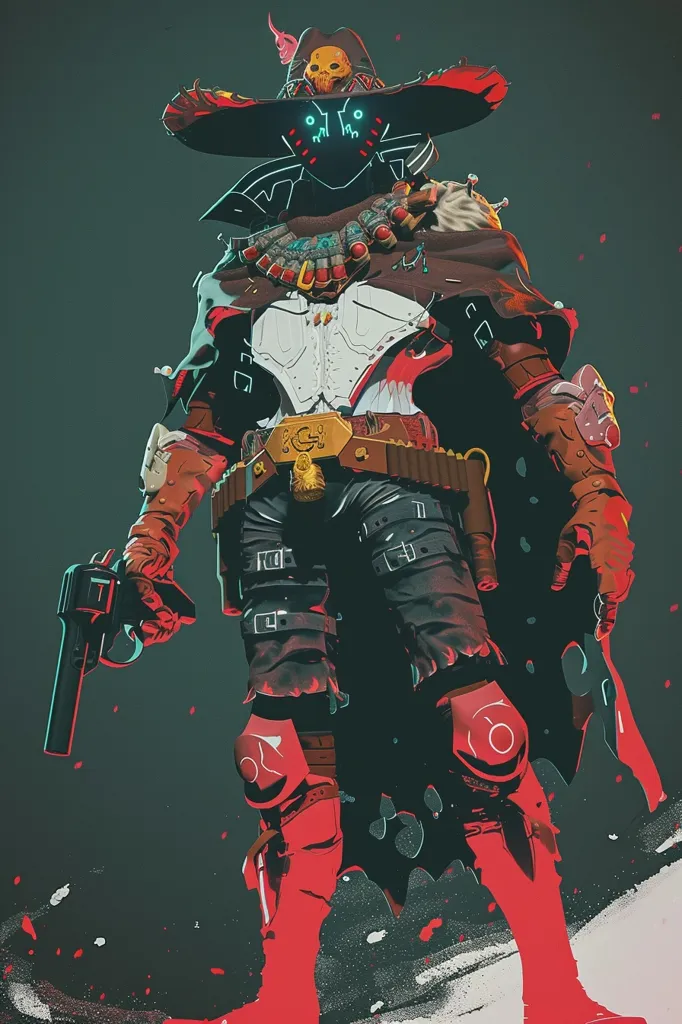 A futuristic cowboy character stands against a dark, textured background. He wears a large, wide-brimmed hat with a skull and crossbones design, a black mask with glowing blue eyes, a brown leather jacket with a fur collar, and red-and-black armor. He holds a large revolver in his right hand and is ready to shoot. The overall style is dark, futuristic, and edgy.