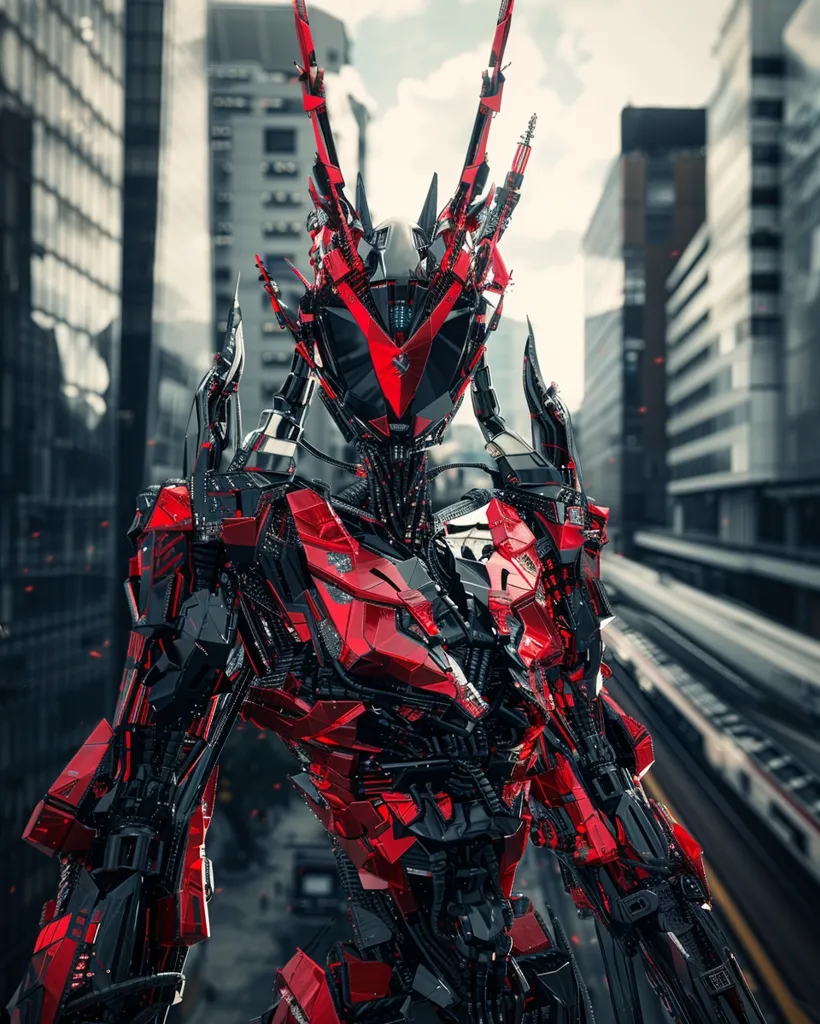 A futuristic red and black robot stands in the middle of the image. It has a complex design with a pointed head and long, sharp limbs.  The robot is positioned against a backdrop of modern buildings and a busy urban landscape. Its metallic exterior reflects light, suggesting a powerful and dangerous presence. The overall tone of the image is both futuristic and slightly menacing.