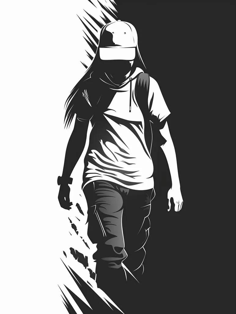 A black and white illustration of a person walking towards the viewer. They are wearing a hoodie, a t-shirt, jeans and a baseball cap. They are walking from a white background into a black background. The illustration is stylized with dramatic lines and shadows.