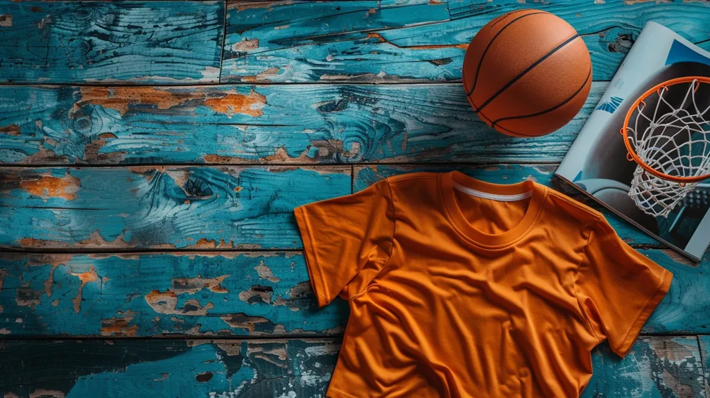 A weathered blue wooden surface is the backdrop for a basketball, a basketball hoop and an orange t-shirt. The basketball is positioned in the top right corner, resting on the wood. The hoop is hanging from a magazine, also in the top right corner, and the t-shirt is lying on the bottom left, partially off the surface.  The photo has a vintage feel.