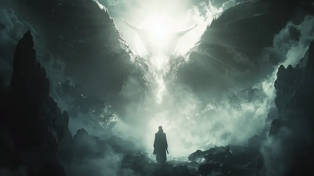 The image depicts a lone figure standing in a misty, otherworldly landscape.  They look up towards a towering, shadowy figure with outstretched wings.  The light from above casts an eerie glow, creating a sense of both awe and foreboding. The scene suggests a confrontation between a mortal and a powerful, perhaps supernatural being.