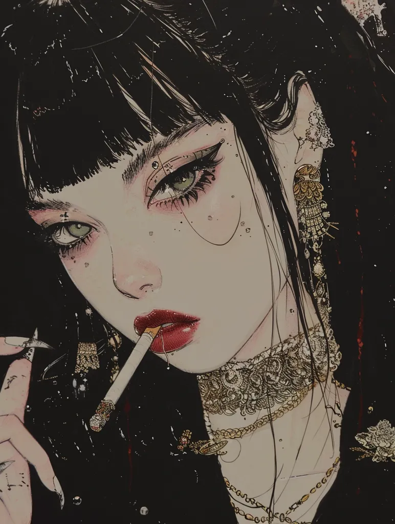 The image depicts a young woman with long black hair, wearing heavy eyeliner and lipstick. She is smoking a cigarette and has a delicate gold choker necklace around her neck. Her expression is intense, but also alluring, and her gaze is directed downwards. The overall aesthetic of the image is dark and moody.