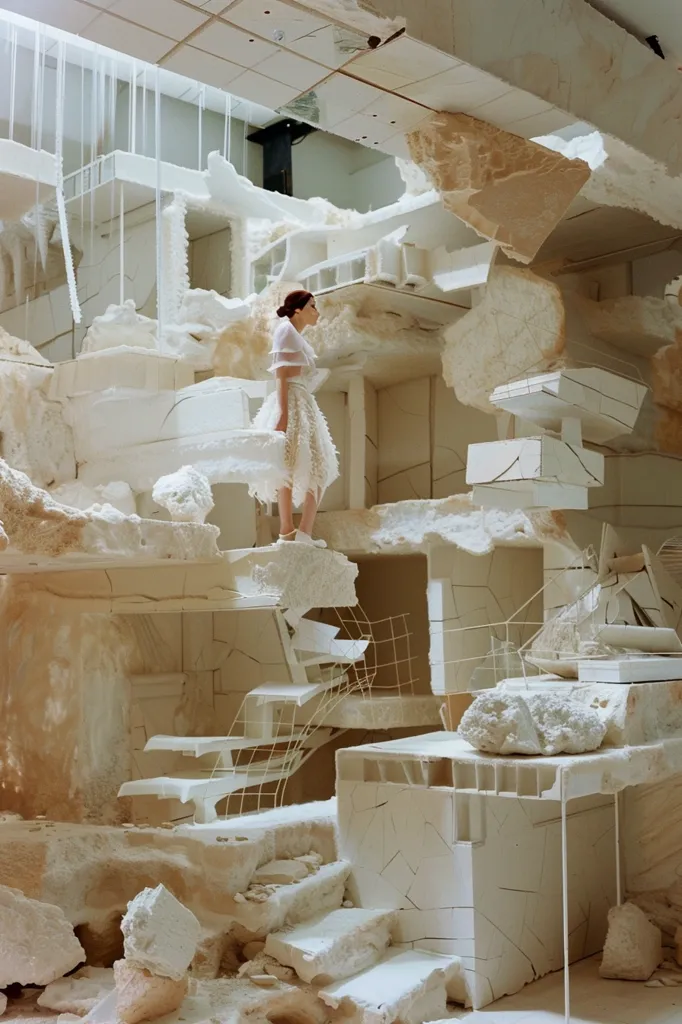 A young woman wearing a white dress stands on a platform made of white plaster. She is looking up at a large, intricate structure made of the same material, which appears to be collapsing in on itself. The scene is bathed in a soft, white light, creating a surreal and ethereal atmosphere.