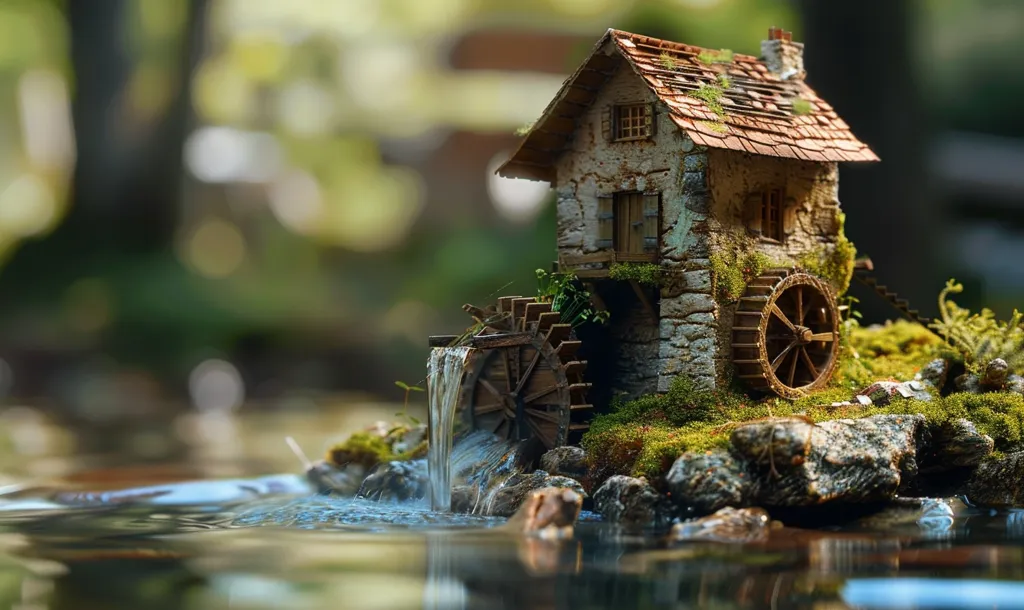 A miniature stone and wood watermill sits beside a small pond. The mill wheel turns, creating a small waterfall that flows into the pond. The mill is overgrown with moss and greenery, creating a charming and whimsical scene. The background is blurred, suggesting a peaceful and idyllic setting.