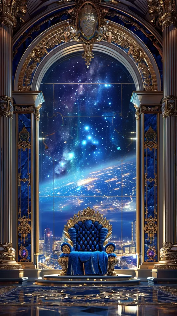 The image depicts a lavishly decorated room with a large arched window framing a breathtaking view of a night sky studded with stars and a distant cityscape. A majestic blue velvet throne stands in the center of the room, bathed in the ethereal glow from the window. The room's ornate gold and blue decor creates a sense of opulence and grandeur.
