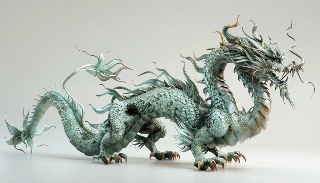 A majestic, green dragon with intricate scales and flowing mane stands on a white surface. Its long tail curls around its body, and its head is turned slightly to the side, gazing intently at something off-screen. The dragon's powerful form and fierce expression create a sense of both beauty and power.  The light reflecting off the dragon's scales suggests that it is made of metal.
