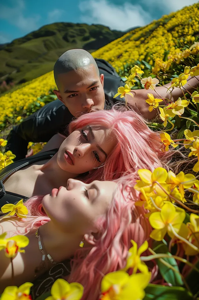 Three people are lying in a field of yellow flowers. The person in the middle is a woman with pink hair. She is looking at the camera with her head resting on the lap of a man with a shaved head and a leather jacket. The woman at the bottom is also wearing pink hair and has her eyes closed. All three people appear to be relaxed and enjoying the sunshine.  The flowers are bright and vibrant. The photo has a dreamy and romantic atmosphere.