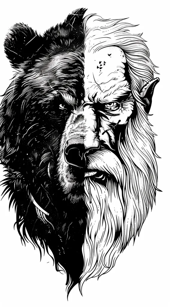 The image is a black and white illustration of a bear and a man's face, seemingly merged together. The bear's head dominates the left side of the image, with its dark fur and sharp features, while the man's face, with a long, flowing beard and a stern expression, takes up the right side. The two halves are separated by a clear dividing line, making for a stark contrast and adding a sense of mystery and duality to the image.