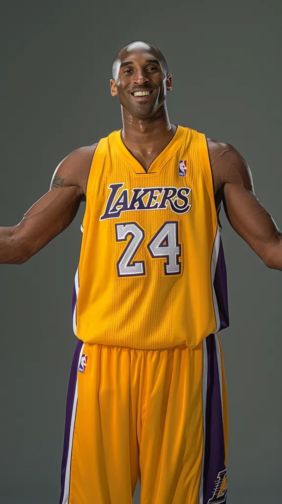 Kobe Bryant, in his iconic Los Angeles Lakers uniform, smiles brightly. He wears the number 24 on his yellow jersey, with purple and white trim. The background is a simple grey, allowing the focus to be solely on the legendary basketball player.