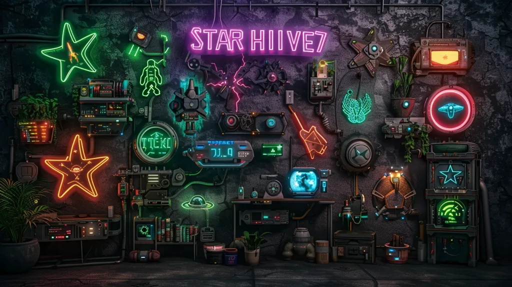 A dark, gritty wall covered in futuristic gadgets and neon signs. The wall is dominated by a large neon sign that reads "STAR HIVE7". The wall is also decorated with other neon signs, including stars, spaceships, and other abstract designs. There are several robotic gadgets and devices attached to the wall, as well as a few plants. The overall effect is one of a futuristic and slightly dystopian setting.