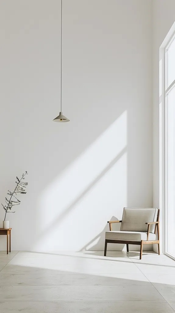 A minimalist living room with a single armchair in the corner, a hanging lamp, and a small plant. The room is bathed in soft sunlight, casting long shadows on the white walls and floor.  The overall aesthetic is clean and serene.