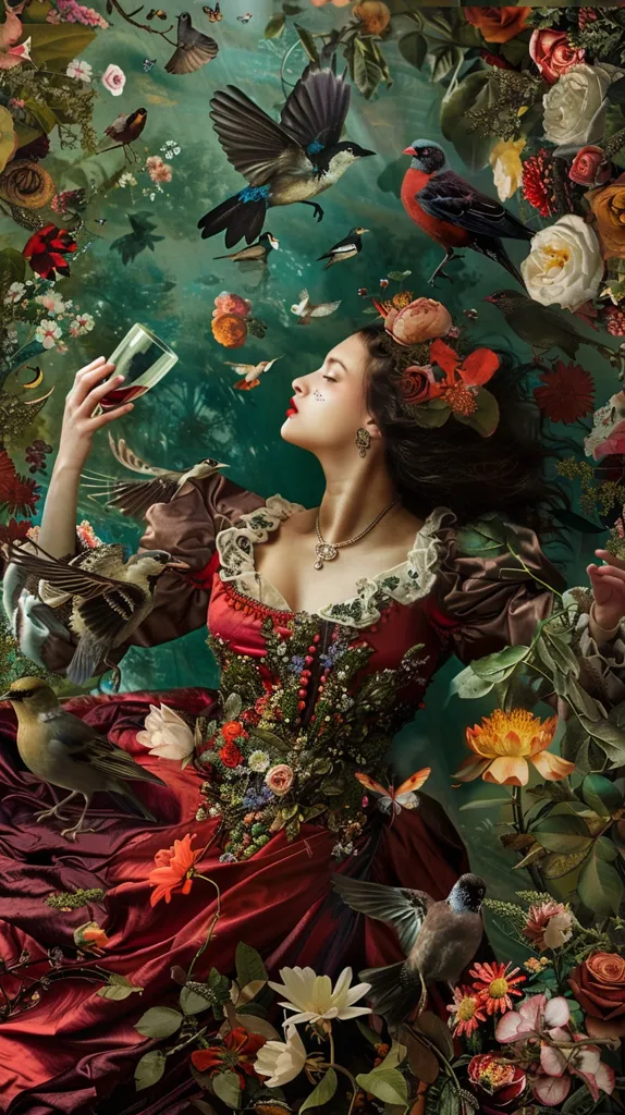 A woman in a red dress adorned with flowers, sits amongst a vibrant array of blooms and foliage. She holds a glass of wine and her eyes are closed, suggesting a moment of peace. Birds flit amongst the flowers, creating a whimsical and surreal atmosphere. The image evokes a sense of beauty and wonder, as if the woman is surrounded by nature's magic.